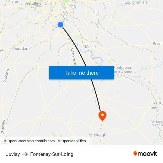 Juvisy to Fontenay-Sur-Loing map