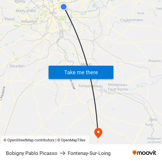 Bobigny Pablo Picasso to Fontenay-Sur-Loing map