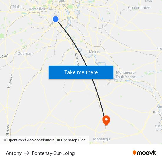 Antony to Fontenay-Sur-Loing map