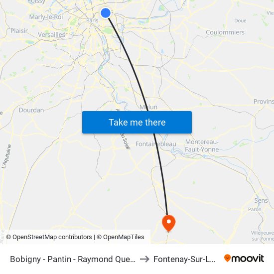 Bobigny - Pantin - Raymond Queneau to Fontenay-Sur-Loing map