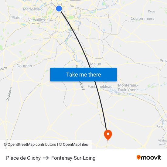 Place de Clichy to Fontenay-Sur-Loing map