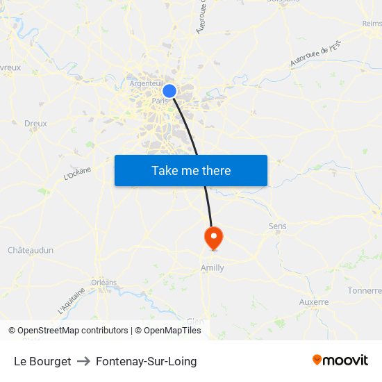 Le Bourget to Fontenay-Sur-Loing map