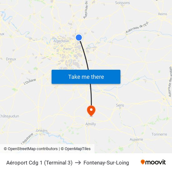 Aéroport Cdg 1 (Terminal 3) to Fontenay-Sur-Loing map