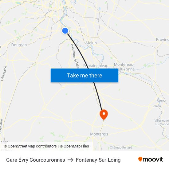 Gare Évry Courcouronnes to Fontenay-Sur-Loing map