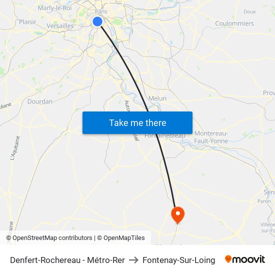 Denfert-Rochereau - Métro-Rer to Fontenay-Sur-Loing map