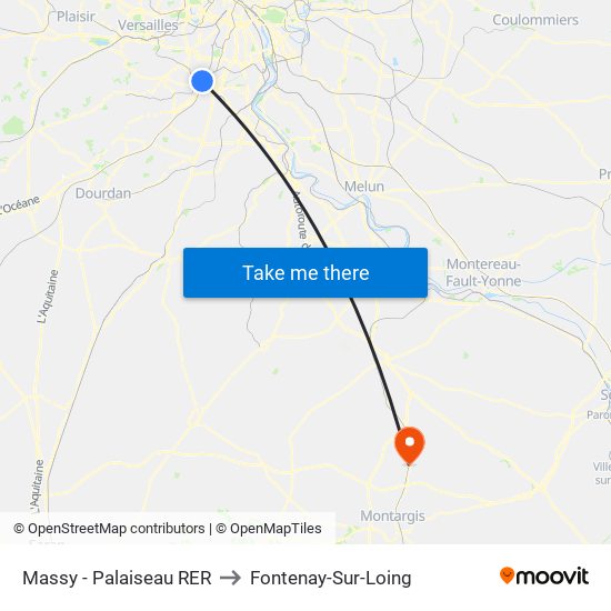 Massy - Palaiseau RER to Fontenay-Sur-Loing map