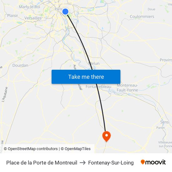 Place de la Porte de Montreuil to Fontenay-Sur-Loing map