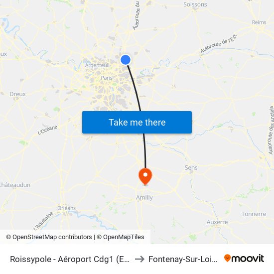 Roissypole - Aéroport Cdg1 (E2) to Fontenay-Sur-Loing map