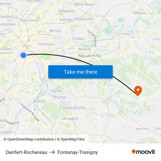 Denfert-Rochereau to Fontenay-Tresigny map