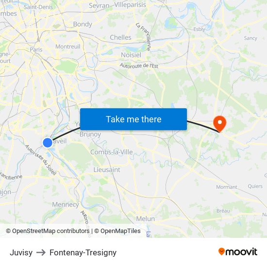 Juvisy to Fontenay-Tresigny map