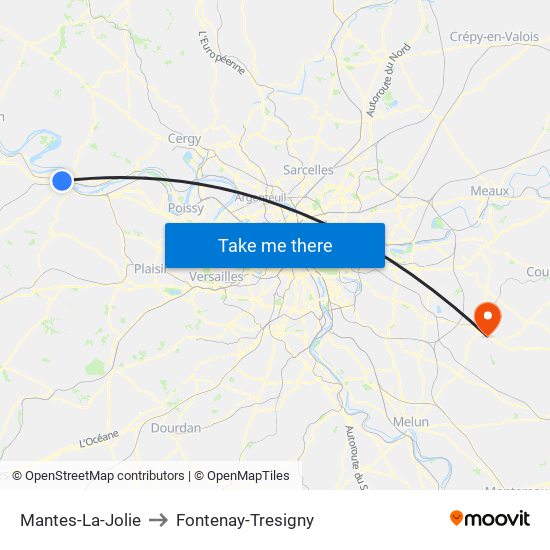 Mantes-La-Jolie to Fontenay-Tresigny map