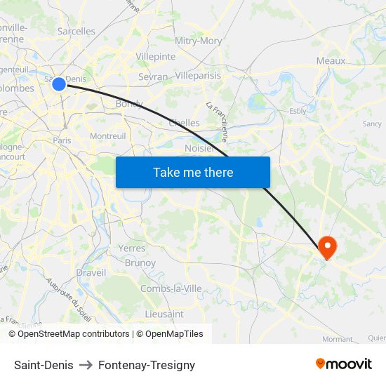Saint-Denis to Fontenay-Tresigny map
