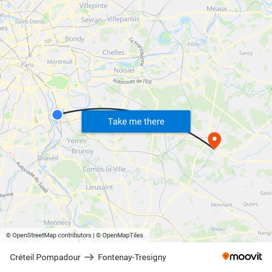 Créteil Pompadour to Fontenay-Tresigny map