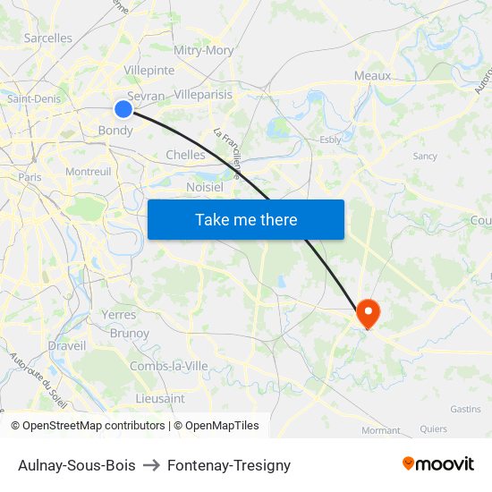 Aulnay-Sous-Bois to Fontenay-Tresigny map