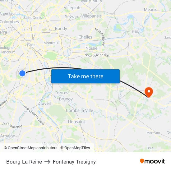 Bourg-La-Reine to Fontenay-Tresigny map