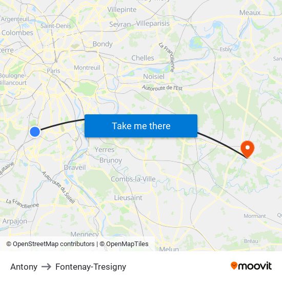 Antony to Fontenay-Tresigny map