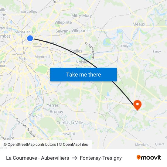 La Courneuve - Aubervilliers to Fontenay-Tresigny map