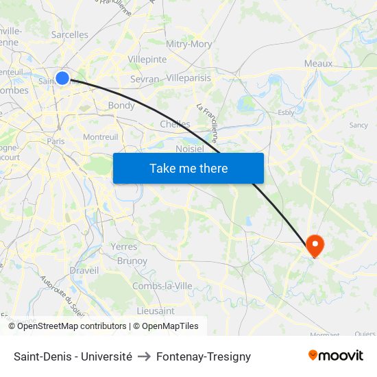 Saint-Denis - Université to Fontenay-Tresigny map