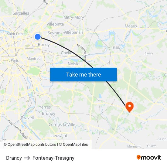 Drancy to Fontenay-Tresigny map