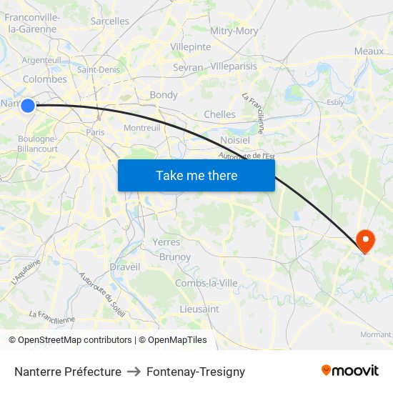 Nanterre Préfecture to Fontenay-Tresigny map