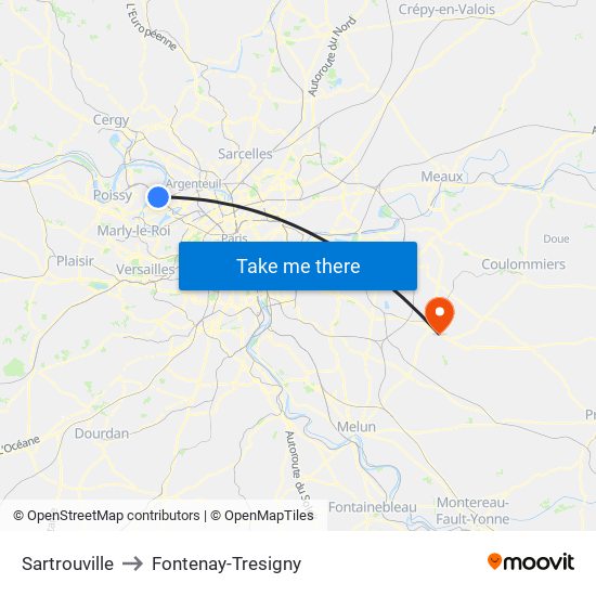 Sartrouville to Fontenay-Tresigny map