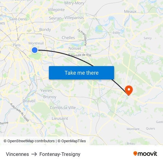 Vincennes to Fontenay-Tresigny map