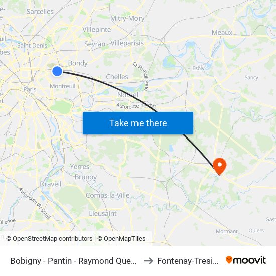 Bobigny - Pantin - Raymond Queneau to Fontenay-Tresigny map