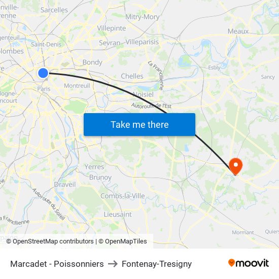 Marcadet - Poissonniers to Fontenay-Tresigny map