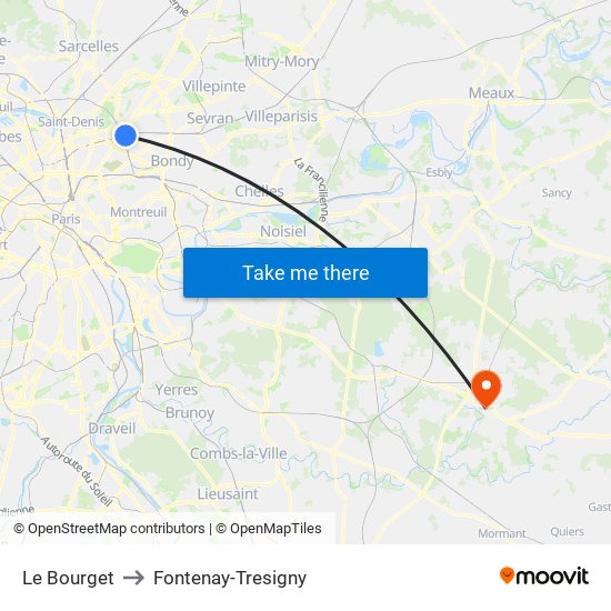 Le Bourget to Fontenay-Tresigny map