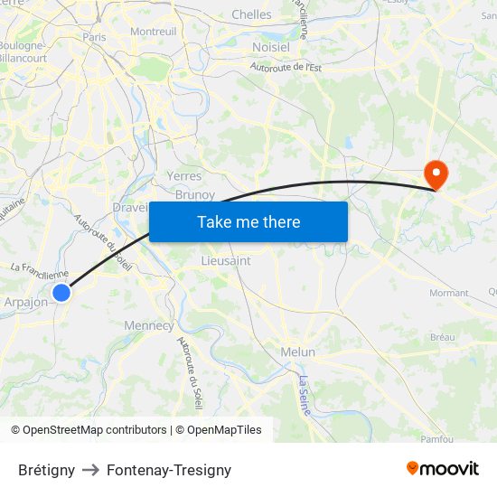 Brétigny to Fontenay-Tresigny map