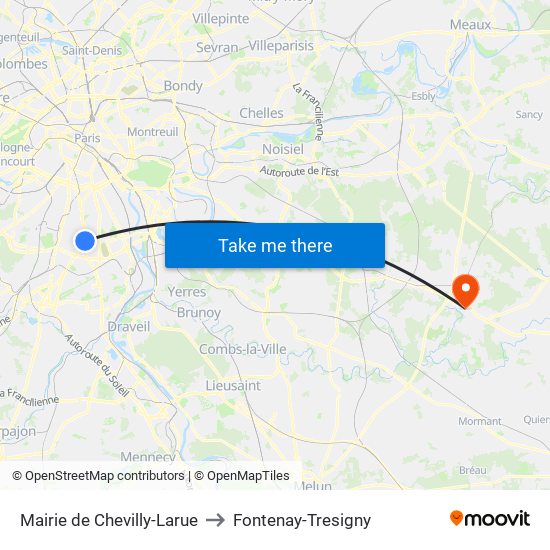 Mairie de Chevilly-Larue to Fontenay-Tresigny map