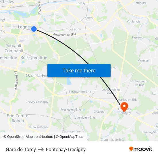 Gare de Torcy to Fontenay-Tresigny map