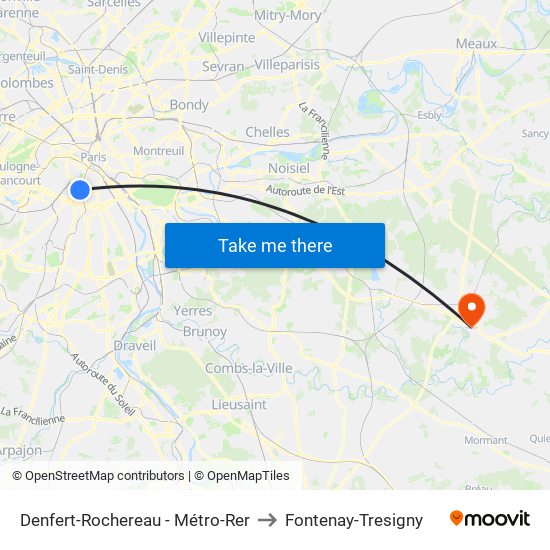 Denfert-Rochereau - Métro-Rer to Fontenay-Tresigny map