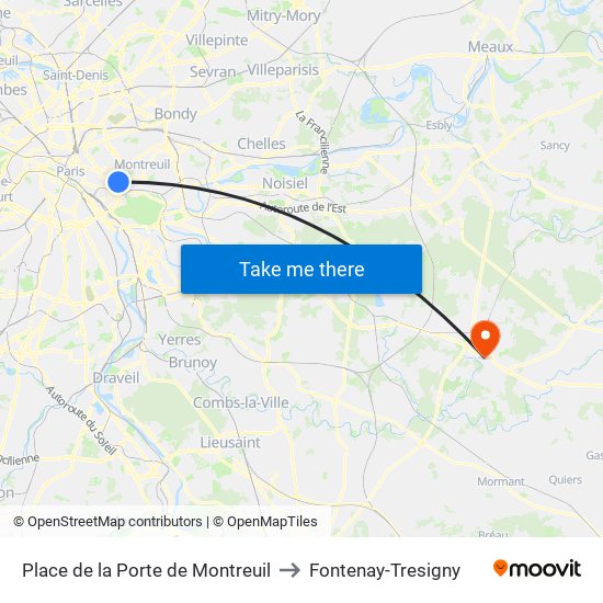 Place de la Porte de Montreuil to Fontenay-Tresigny map