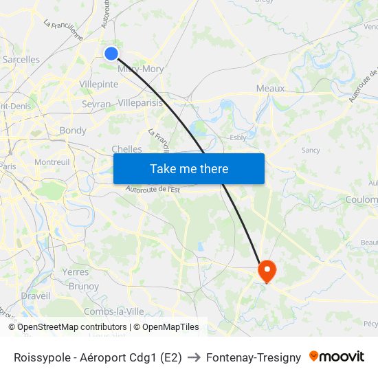 Roissypole - Aéroport Cdg1 (E2) to Fontenay-Tresigny map