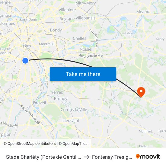 Stade Charléty (Porte de Gentilly) to Fontenay-Tresigny map