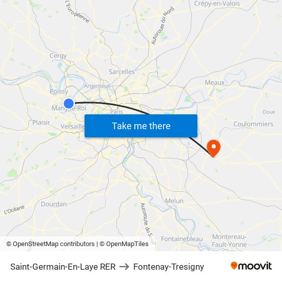 Saint-Germain-En-Laye RER to Fontenay-Tresigny map