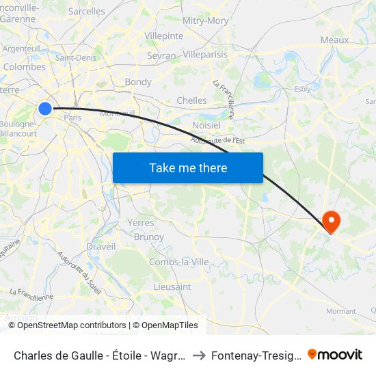 Charles de Gaulle - Étoile - Wagram to Fontenay-Tresigny map