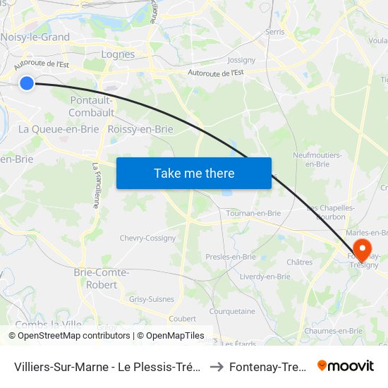 Villiers-Sur-Marne - Le Plessis-Trévise RER to Fontenay-Tresigny map