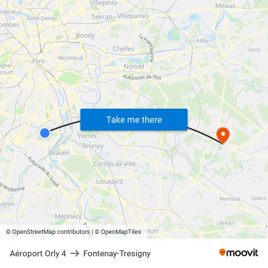 Aéroport Orly 4 to Fontenay-Tresigny map