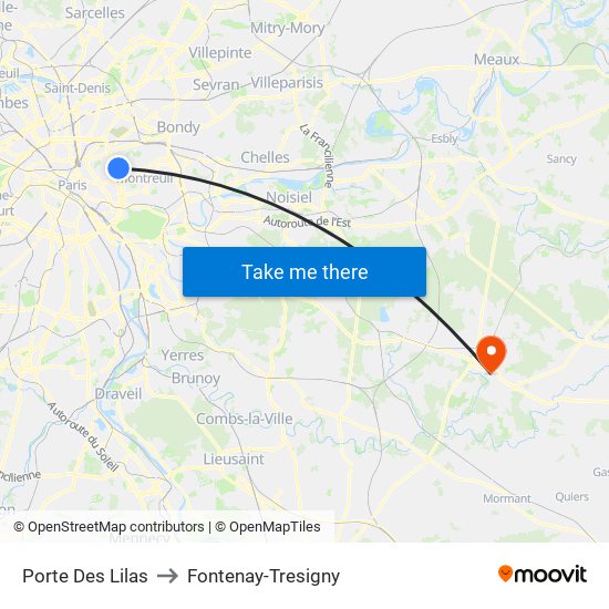 Porte Des Lilas to Fontenay-Tresigny map