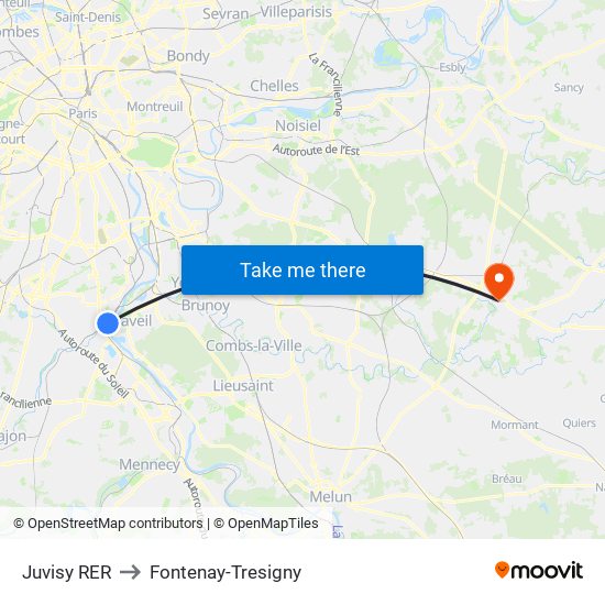Juvisy RER to Fontenay-Tresigny map
