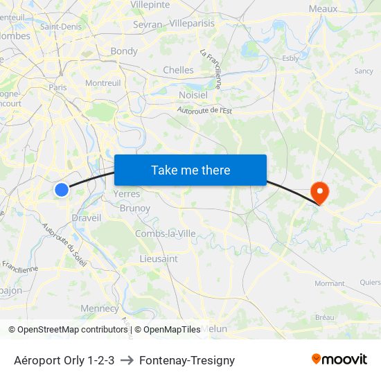 Aéroport Orly 1-2-3 to Fontenay-Tresigny map