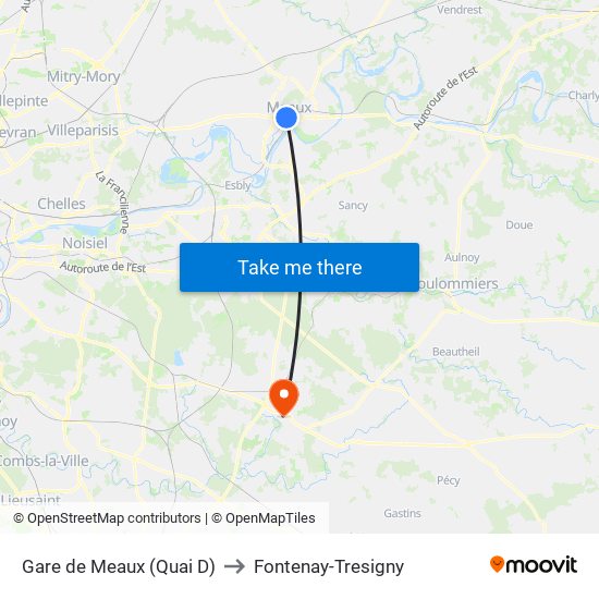 Gare de Meaux (Quai D) to Fontenay-Tresigny map