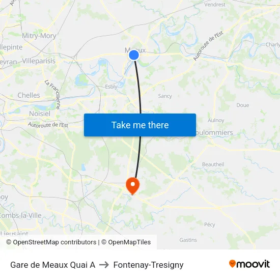 Gare de Meaux Quai A to Fontenay-Tresigny map