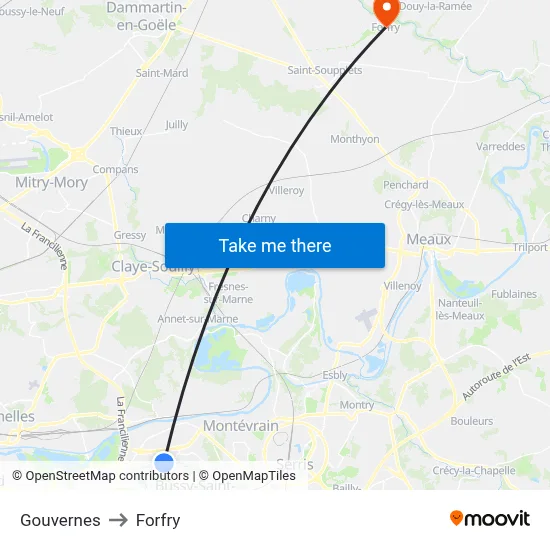 Gouvernes to Forfry map