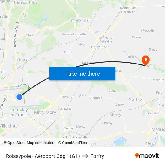 Roissypole - Aéroport Cdg1 (G1) to Forfry map