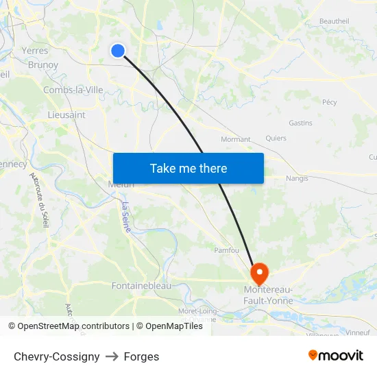 Chevry-Cossigny to Forges map