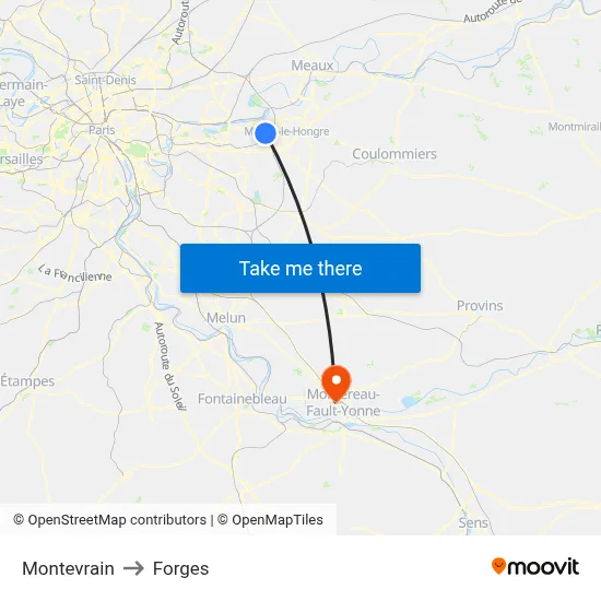 Montevrain to Forges map