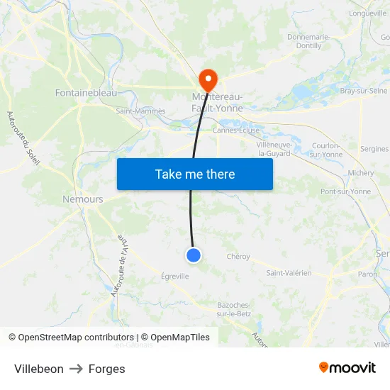 Villebeon to Forges map